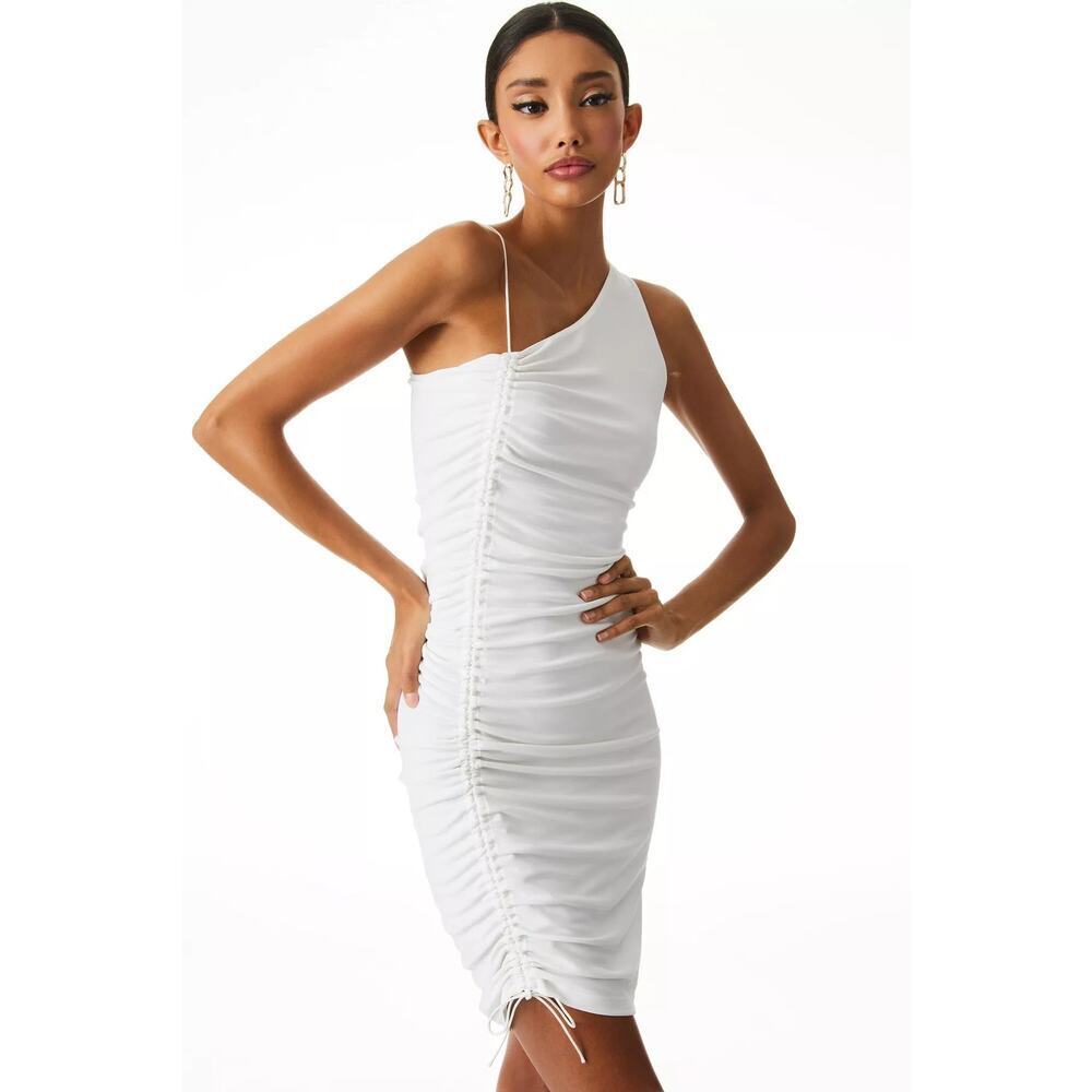 Alice + Olivia Binnie Asymmetric Ruched Mini Dress Off-White Size 10 NWT